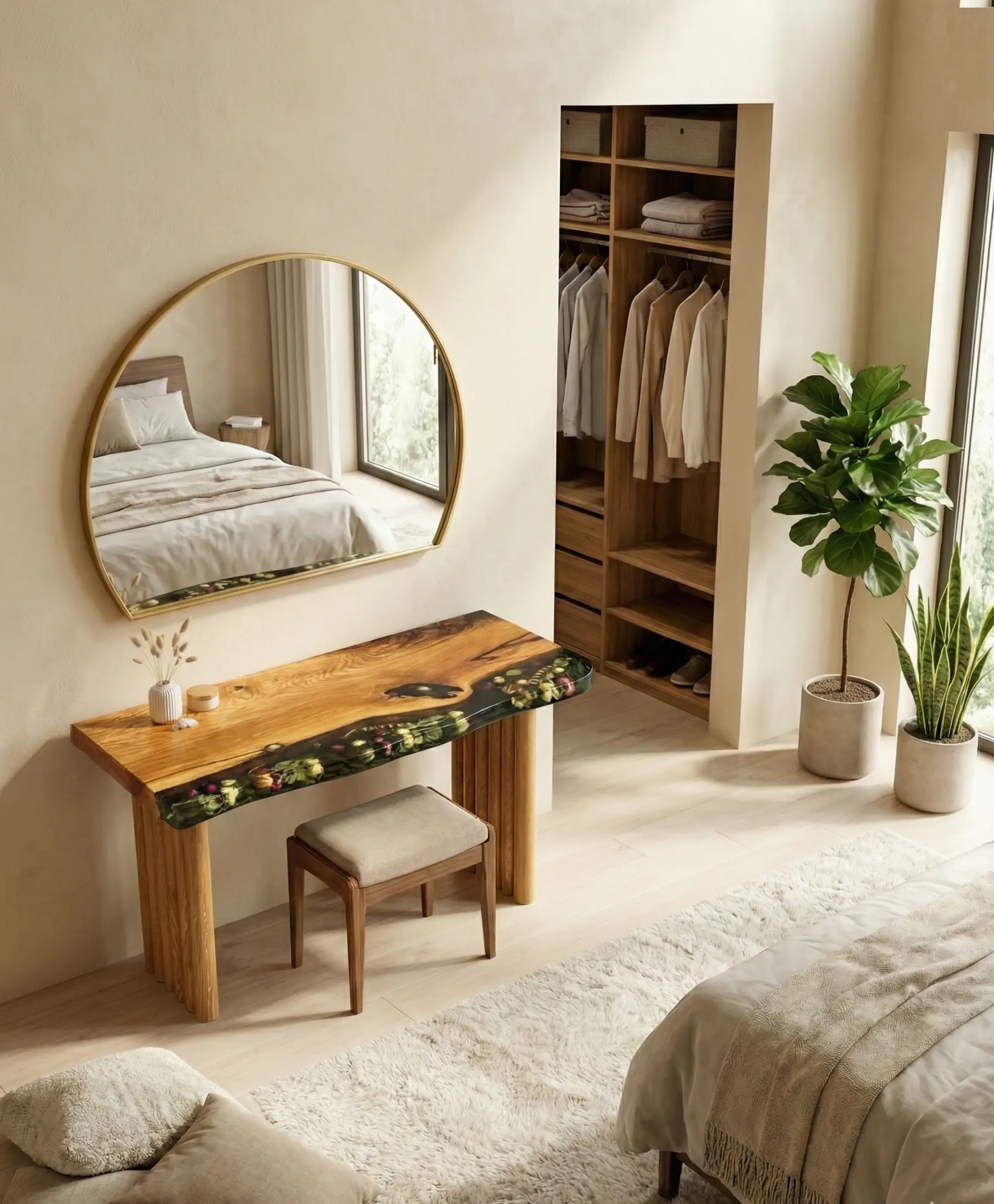 dębowa konsolka z motywem roślinnym zalanym w żywicy epoksydowej na drewnianych nogach w kształcie wałków